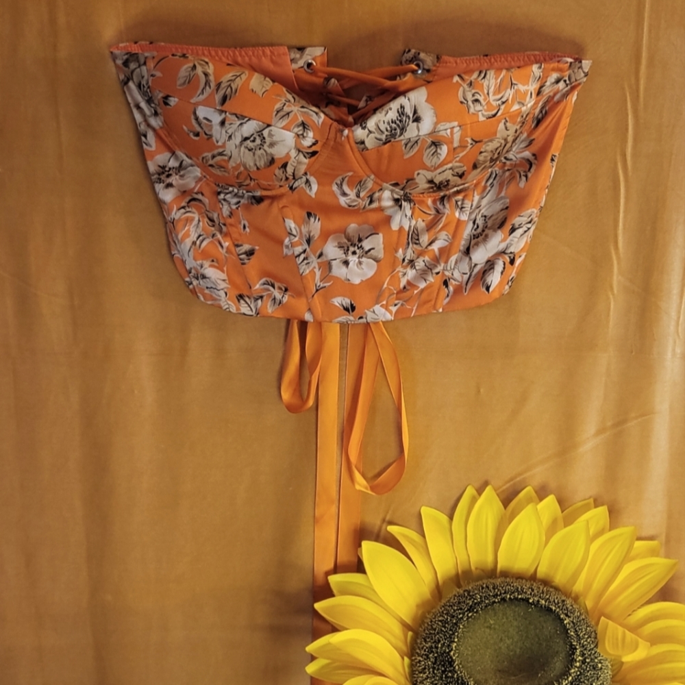 Womens Sexy Flower Bustier Cami Top Size Large with Adjustable Strings